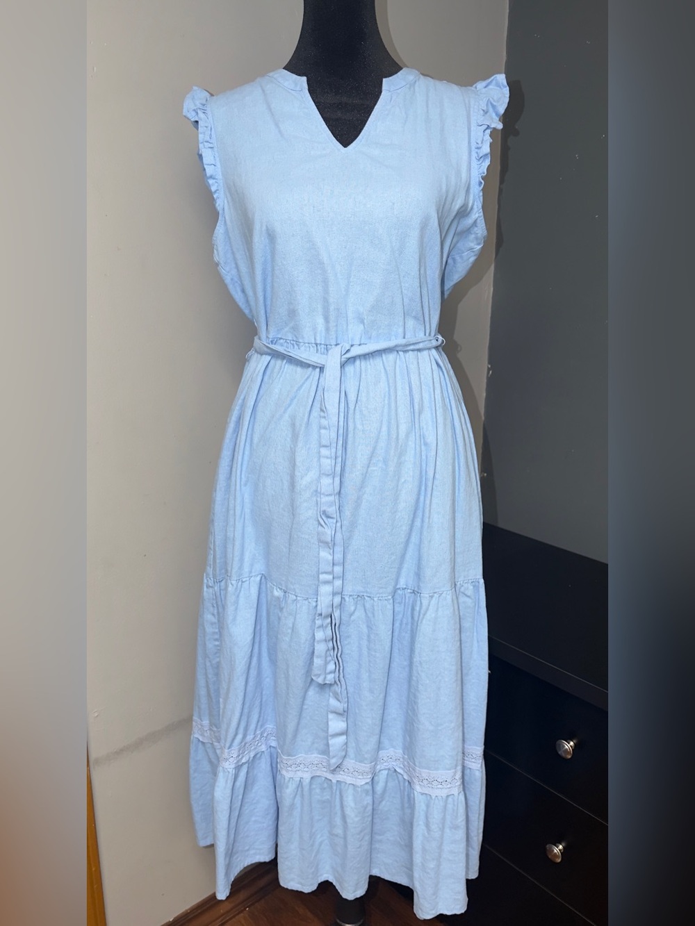Adyson Parker Light Blue Ruffled Sleeve Tiered Maxi Dress/Linen